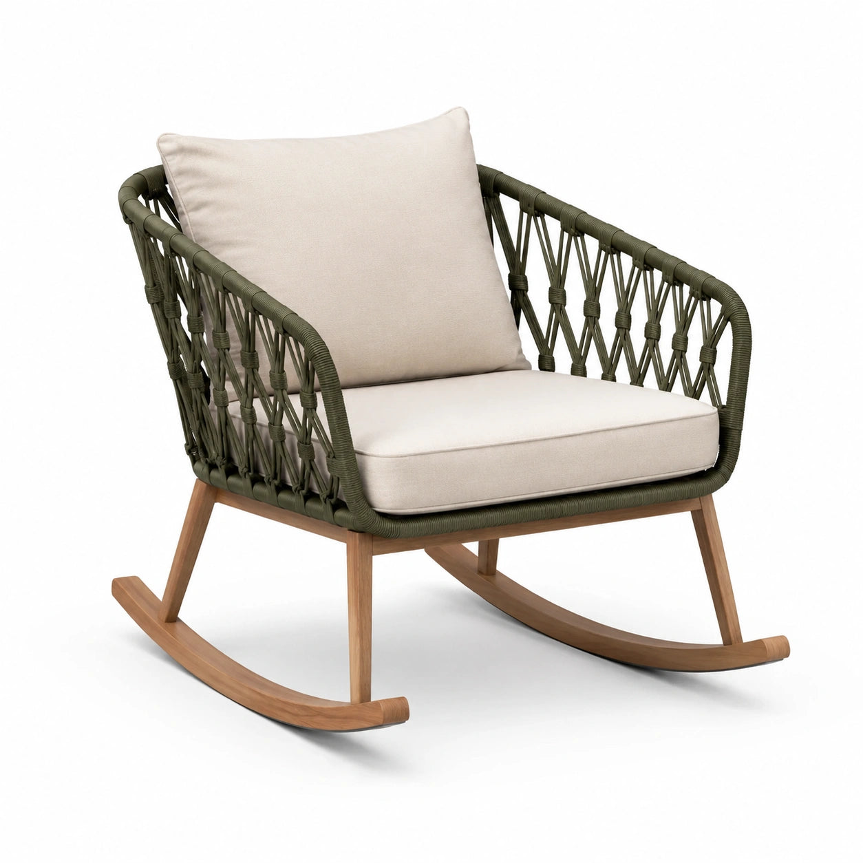 Schaukelstuhl mit Teakholz und Seilgeflecht in Beige/Grün