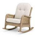 Schaukelstuhl aus Massivholz mit Leinenpolsterung und Rattangeflecht, Beige