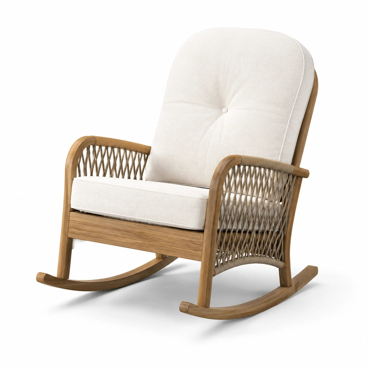 Eichenholz-Schaukelstuhl mit Polyestergarn und Leinenbezug in Cremeweiß