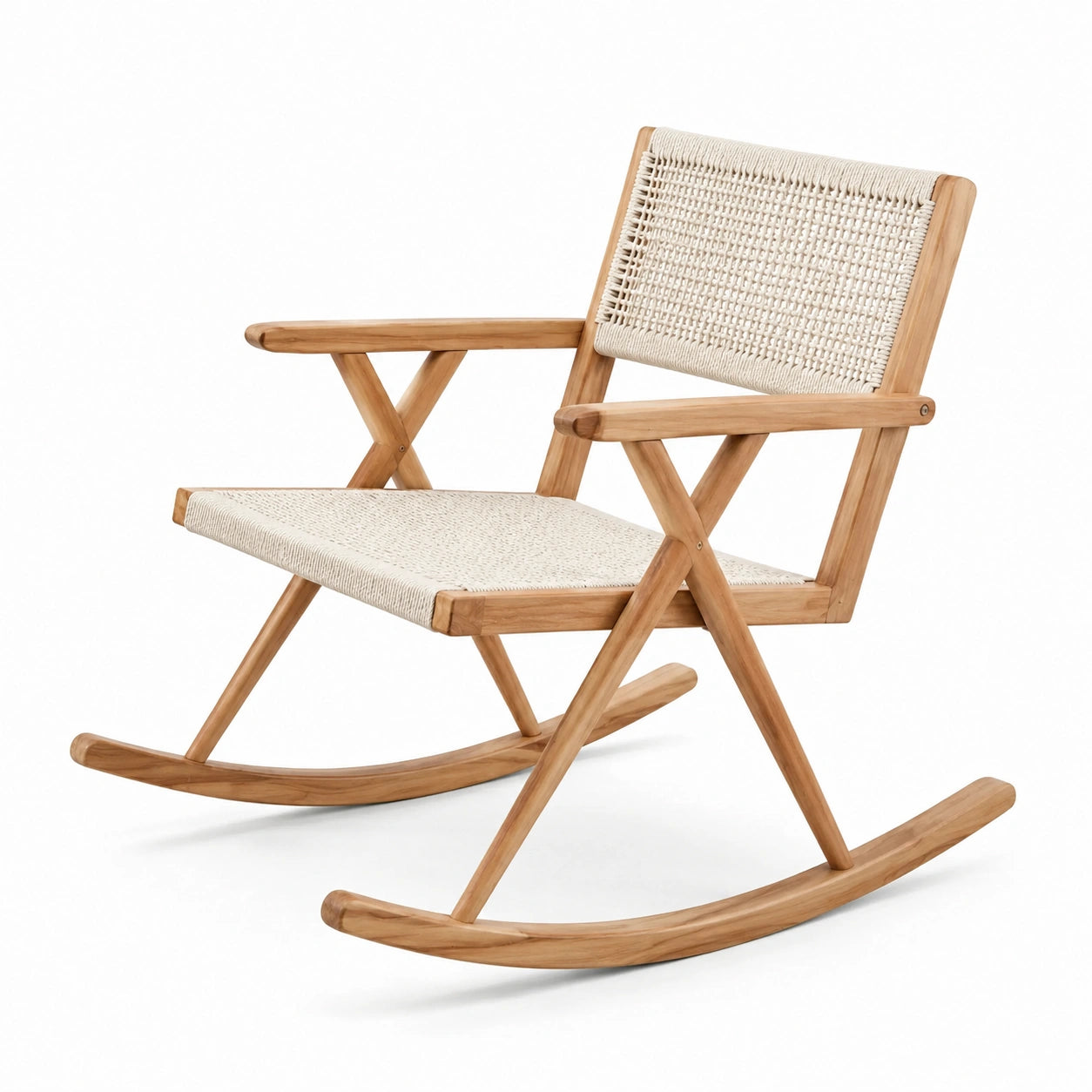 Schaukelstuhl Teakholz Geflecht Beige 80x60x90 cm