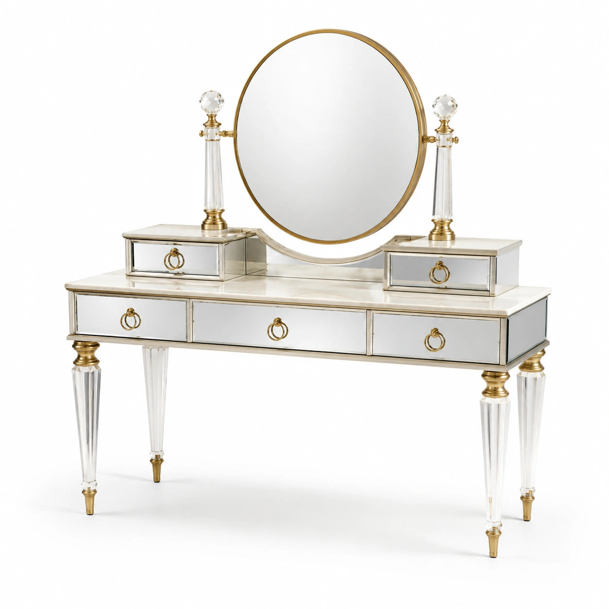 Schminktisch mit rundem Spiegel und Kristallglasdetails, Gold, 120 cm