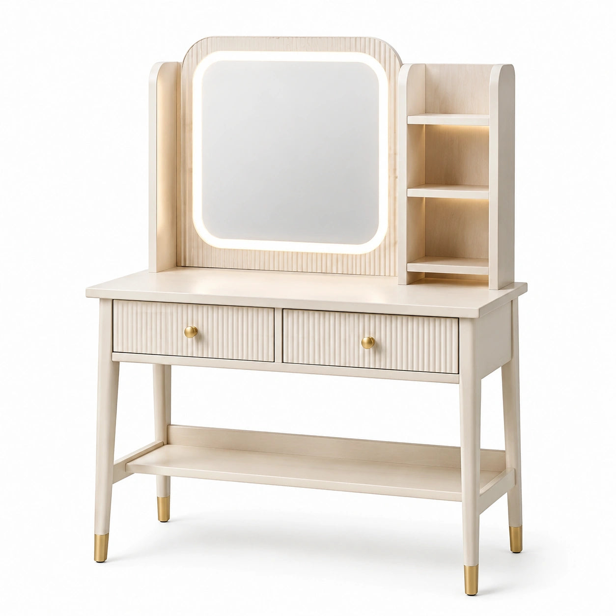 Schminktisch mit LED-Spiegel und Holzregal Ahorn Beige