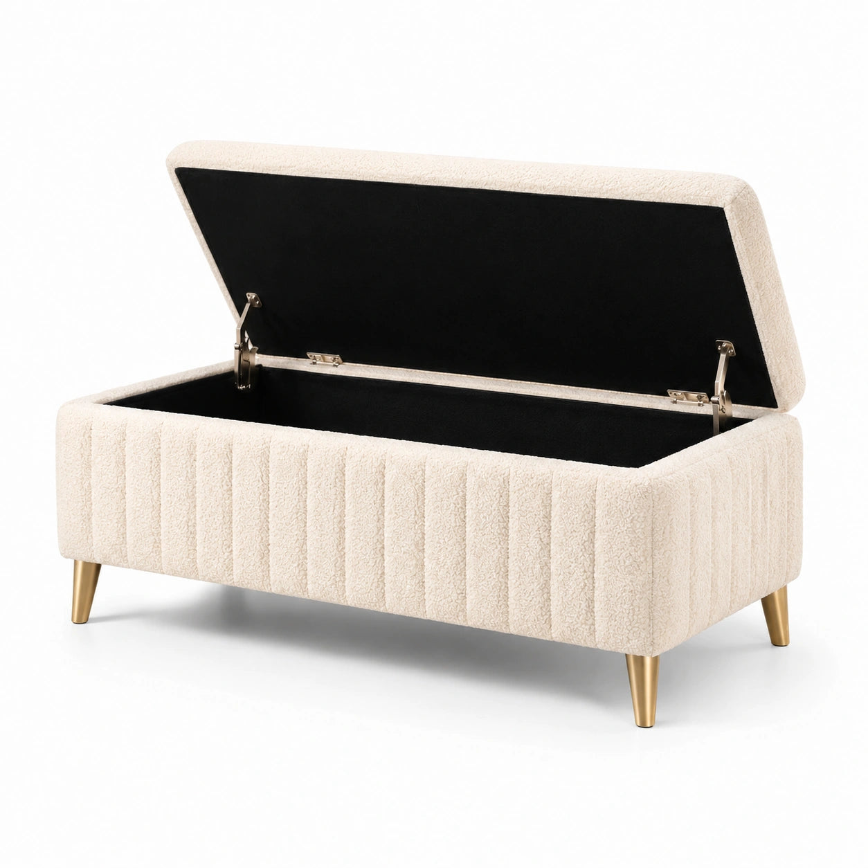 Gepolsterte Truhenbank aus Polyester mit Metallbeinen, beige