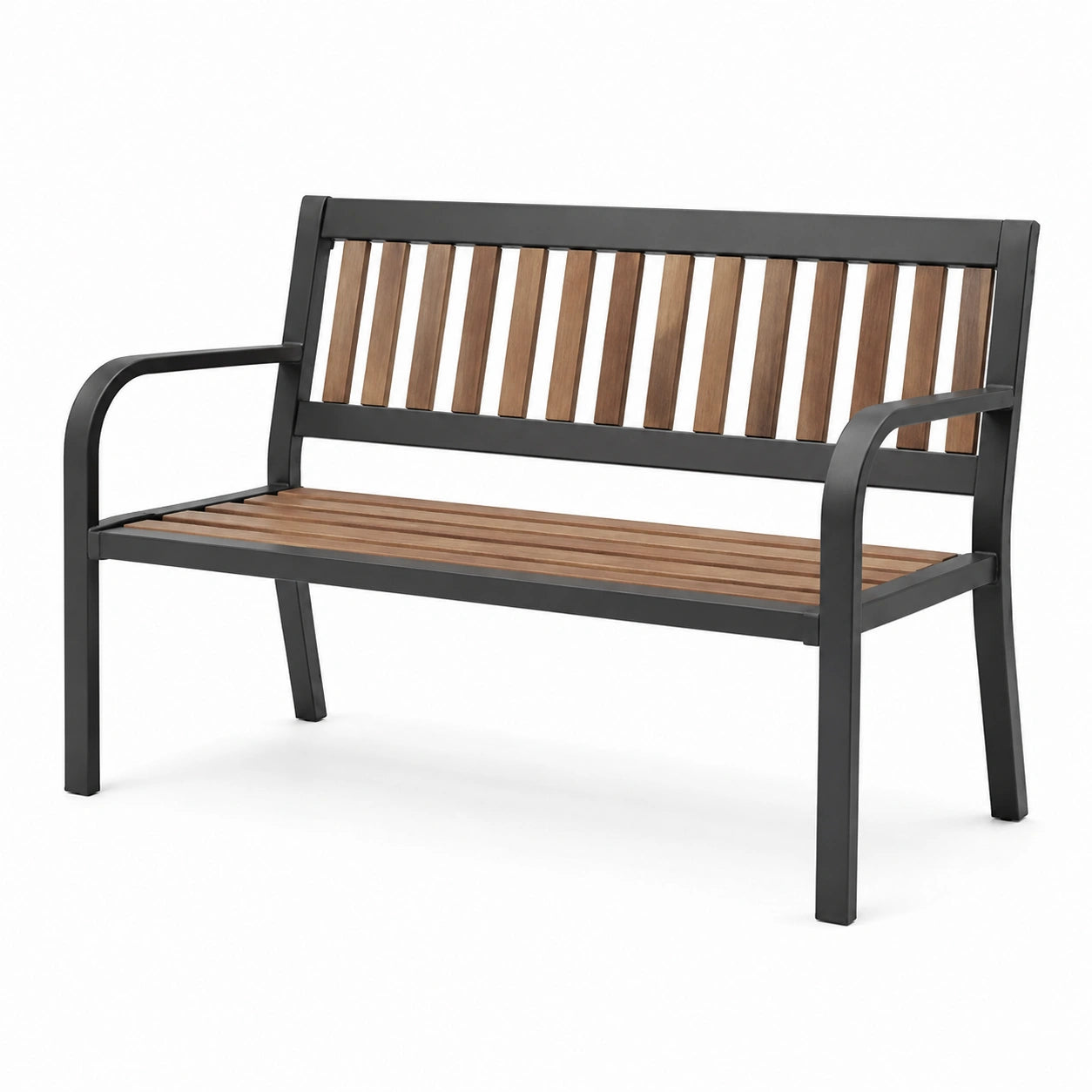 Gartenbank aus Akazienholz und Stahl, 120 cm, Schwarz/Braun