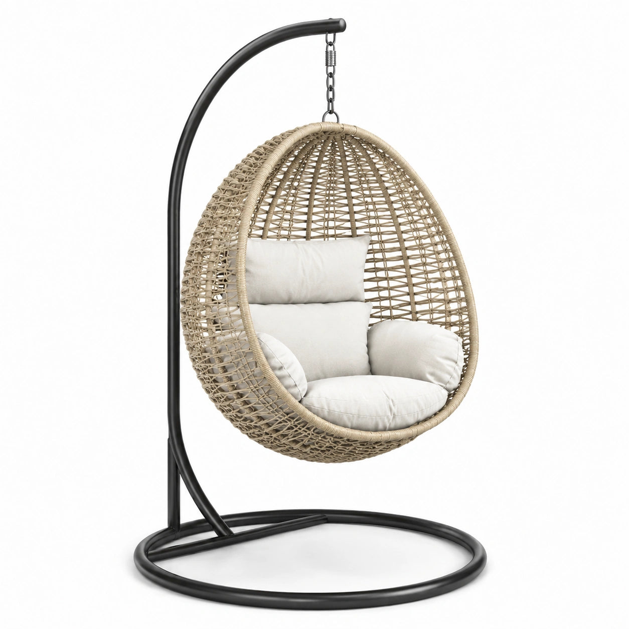 Hängesessel aus PE-Rattan Beige mit Kissen und Stahlrahmen