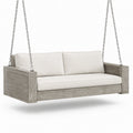 Graues Holz Hängesofa mit Stahlketten und cremefarbenen Polstern