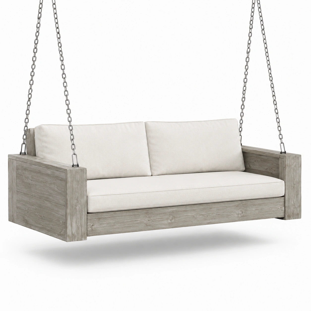 Graues Holz Hängesofa mit Stahlketten und cremefarbenen Polstern